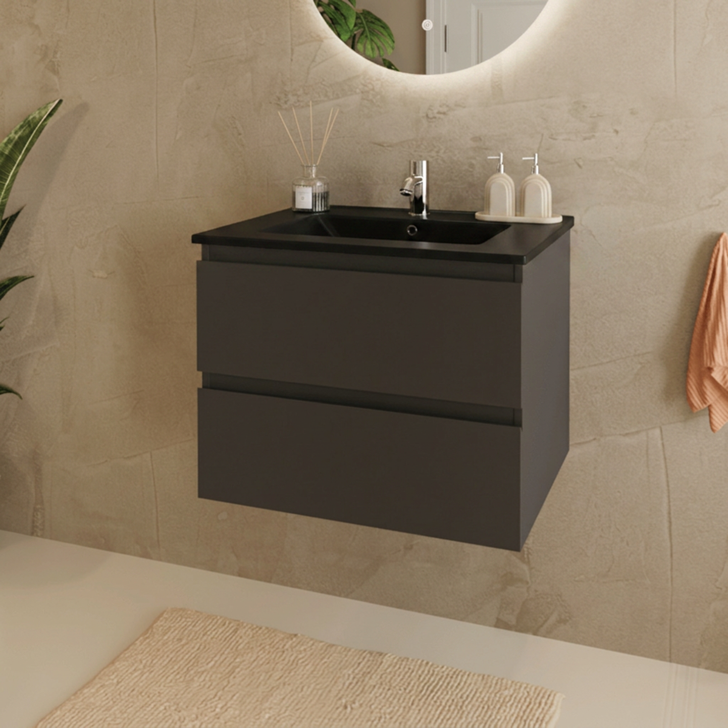 MARENZA Badmöbel – Mattschwarz – Schwarzes Waschbecken – 60 cm