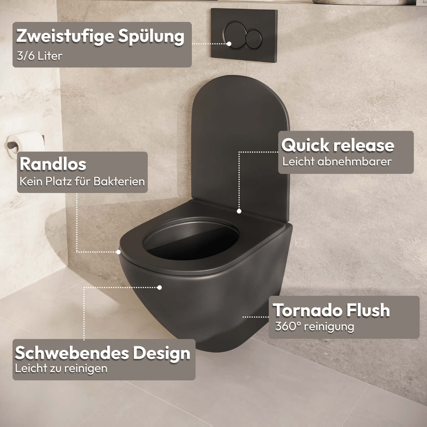 Hangtoilet met Inbouwreservoir - Rond Zwart - Drukplaat Vierkant Goud - Linea - lomazoo.com