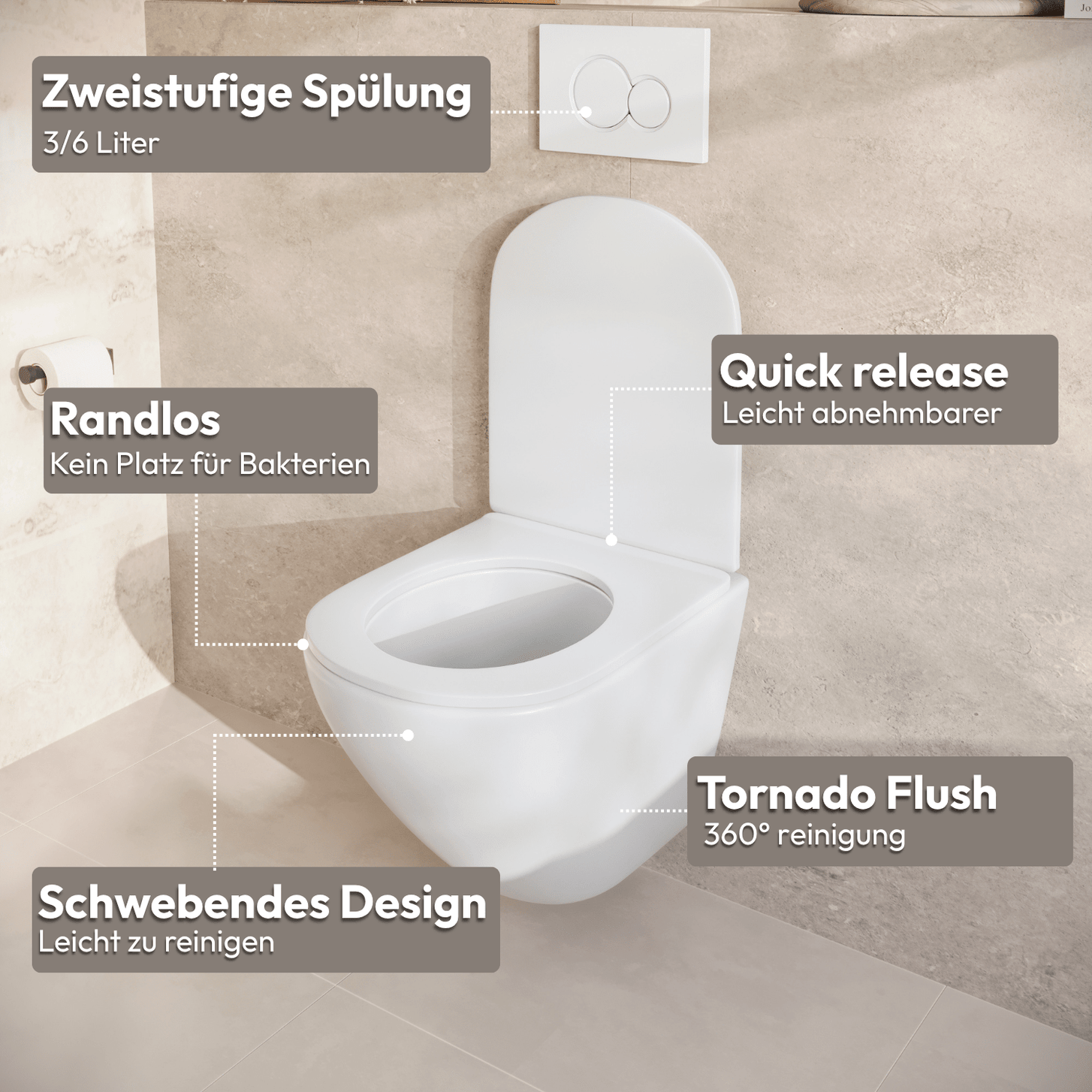 Hangtoilet met Inbouwreservoir - Rond Wit - Drukplaat Vierkant Goud - Linea - lomazoo.com