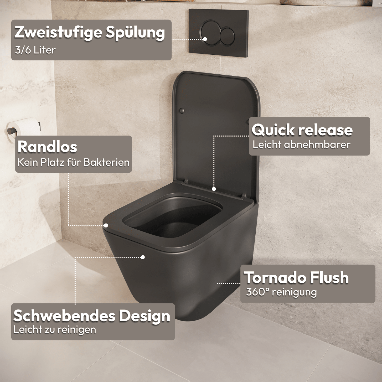 Hangtoilet met Inbouwreservoir - Vierkant Zwart - Drukplaat Vierkant Wit - Linea - lomazoo.com