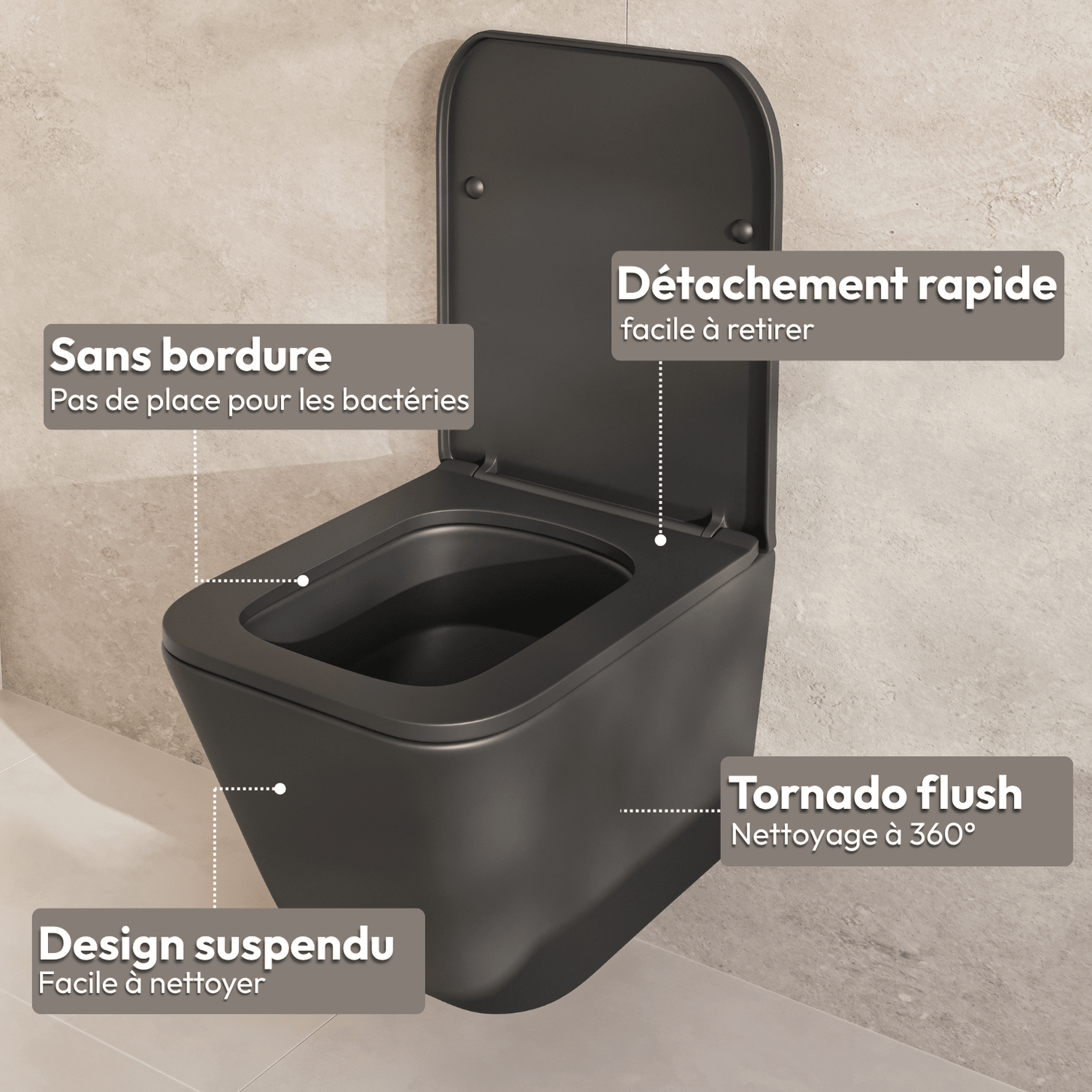 LINEA Hangend Toilet - Zwart - Vierkant - lomazoo.com