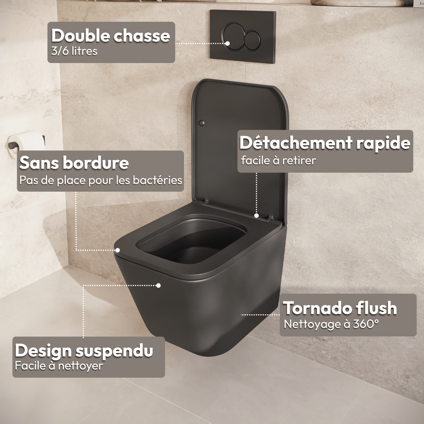 Hangtoilet met Inbouwreservoir - Vierkant Zwart - Drukplaat Rond Wit - Linea - lomazoo.com
