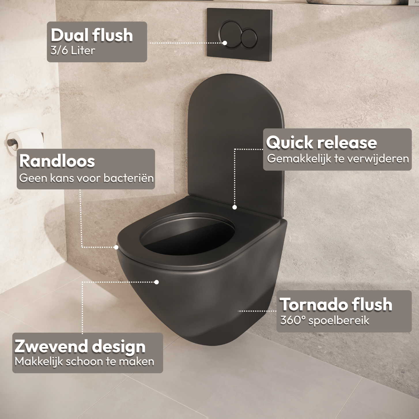 Hangtoilet met Inbouwreservoir - Rond Zwart - Drukplaat Vierkant Wit - Linea - lomazoo.com