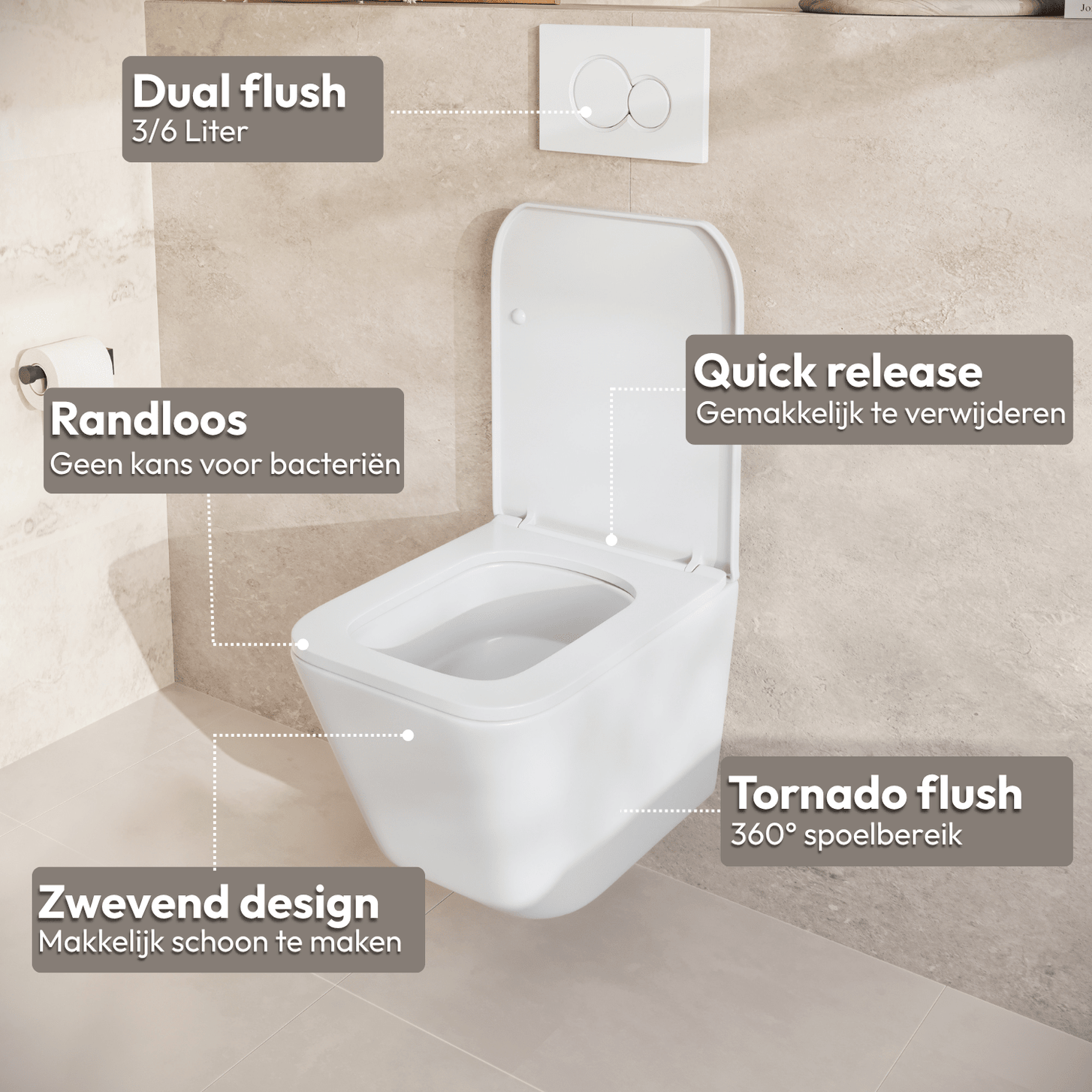 Hangtoilet met Inbouwreservoir - Vierkant Wit - Drukplaat Rond Chroom - Linea - lomazoo.com