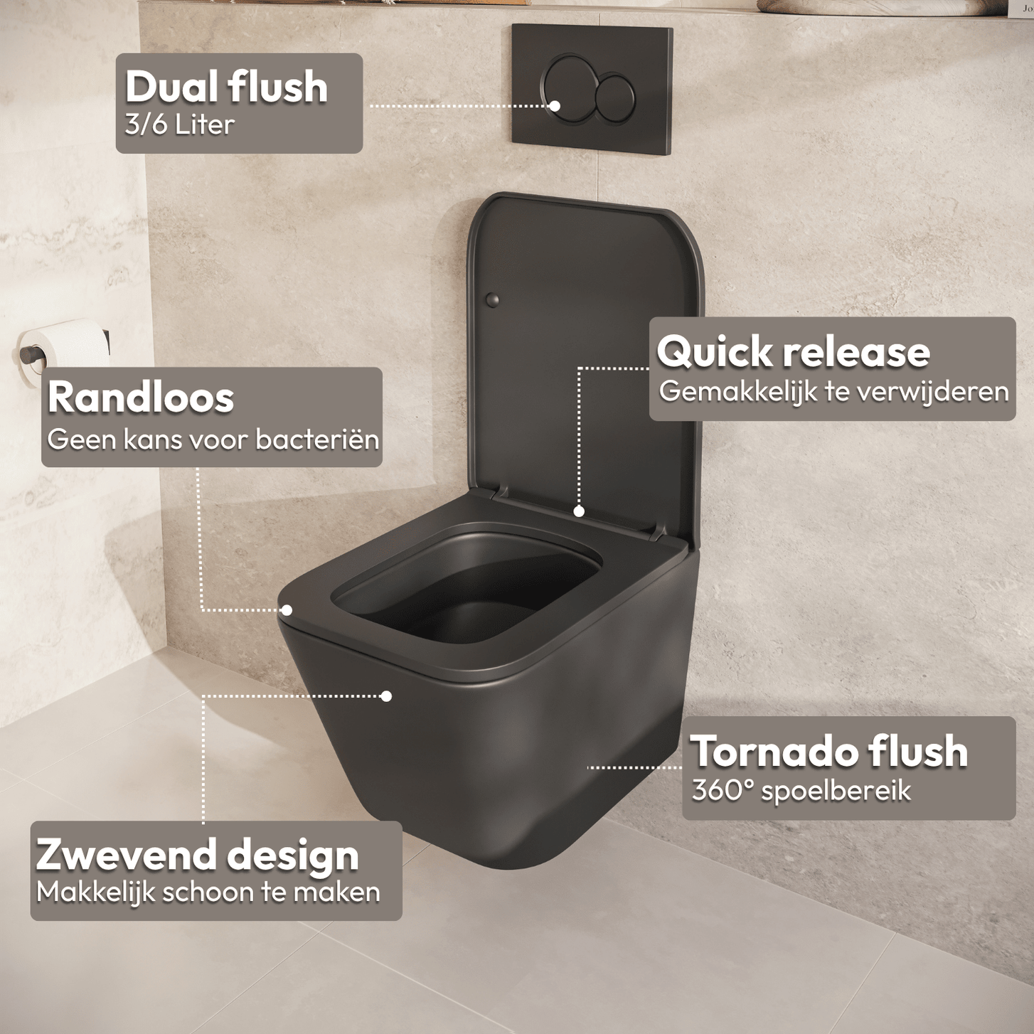 Hangtoilet met Inbouwreservoir - Vierkant Zwart - Drukplaat Vierkant Wit - Linea - lomazoo.com