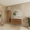 Conjunto de mueble de baño VERONA 100 cm - Con columna - Roble cálido - Lavabo blanco