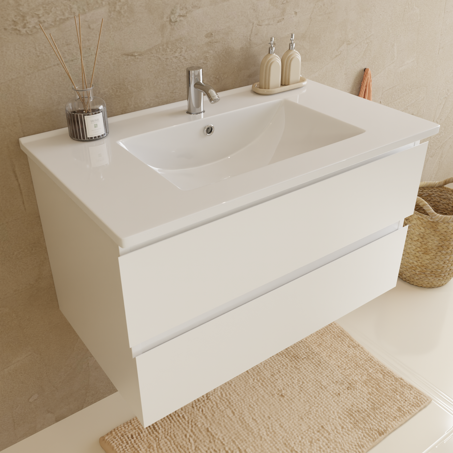 VERONA Badezimmermöbel-Set 80 cm – Mit Hochschrank – Glänzend Weiß – Weißes Waschbecken